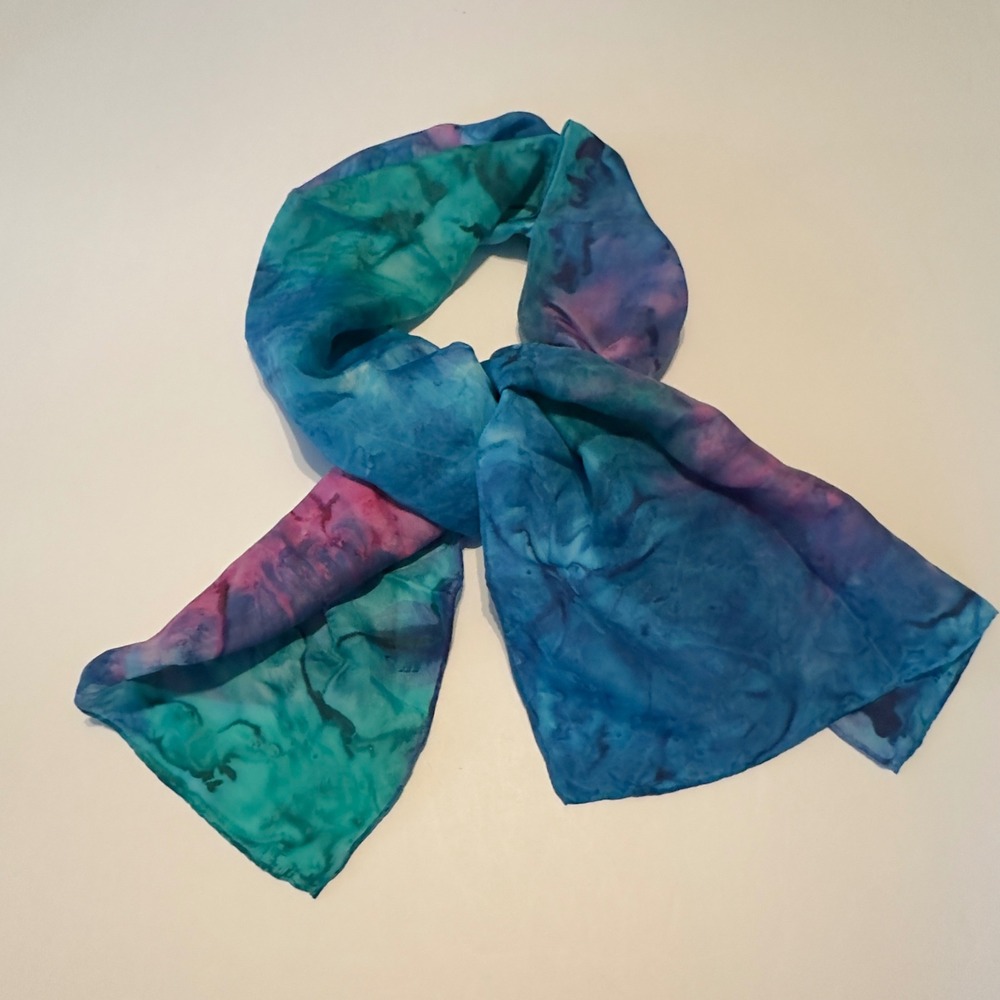Vintage Scarf Blue Teal Magenta Batik Tie Dye Art to Wear Long Wrap 52x14